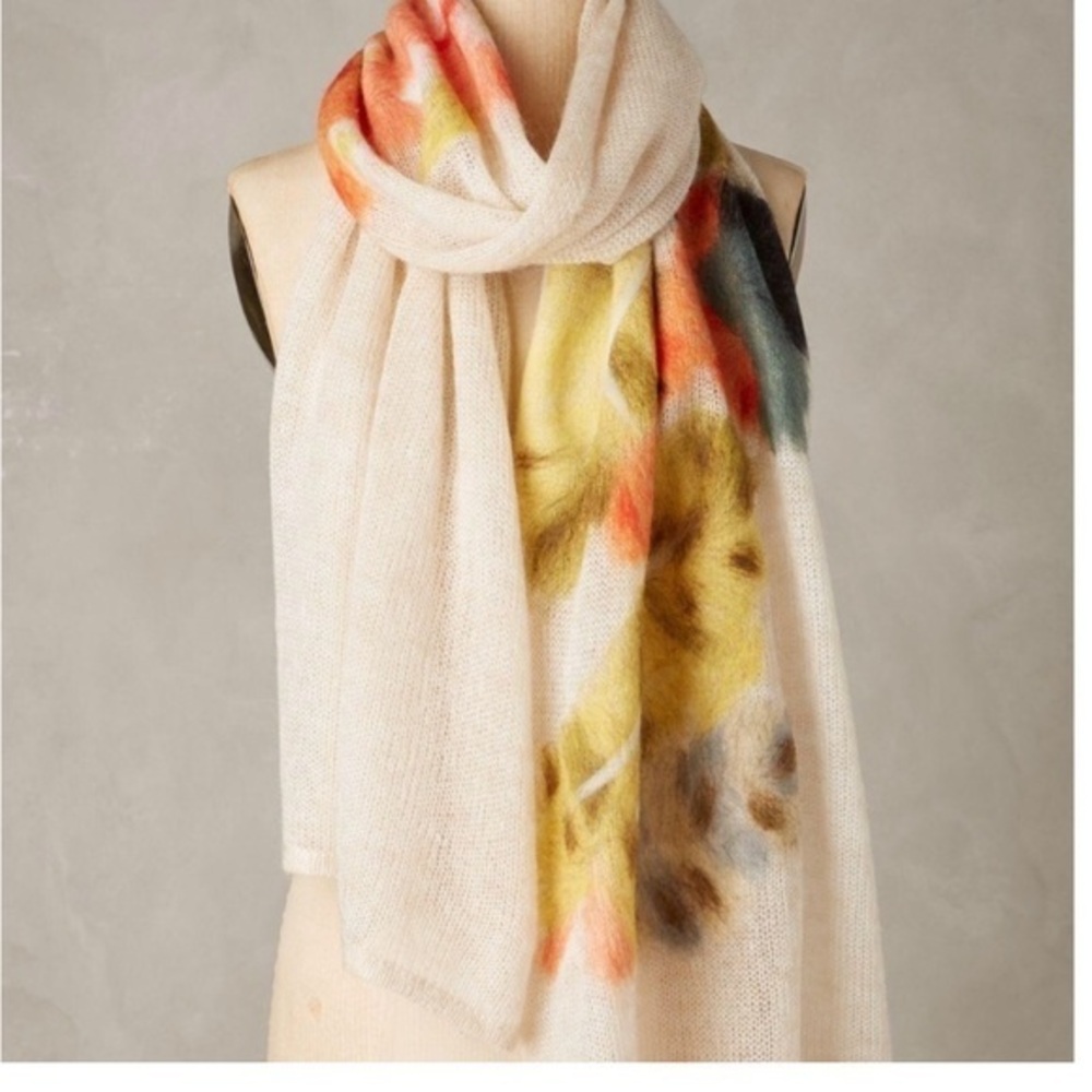 Anthropologie Cream Floral Watercolor Wrap with Yellow, Orange & Blue Accents